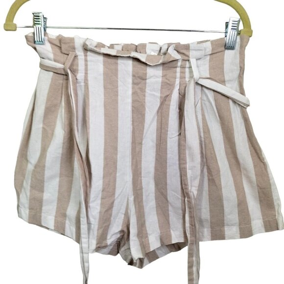 (1042)Papaya Tan& White Striped High Waisted Shorts with Tie Belt Size M - Picture 2 of 6